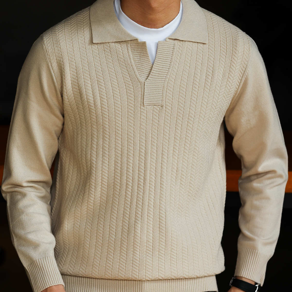 老錢風剪刀領抗皺針織POLO衫男細針提花羊毛休閒打底衫