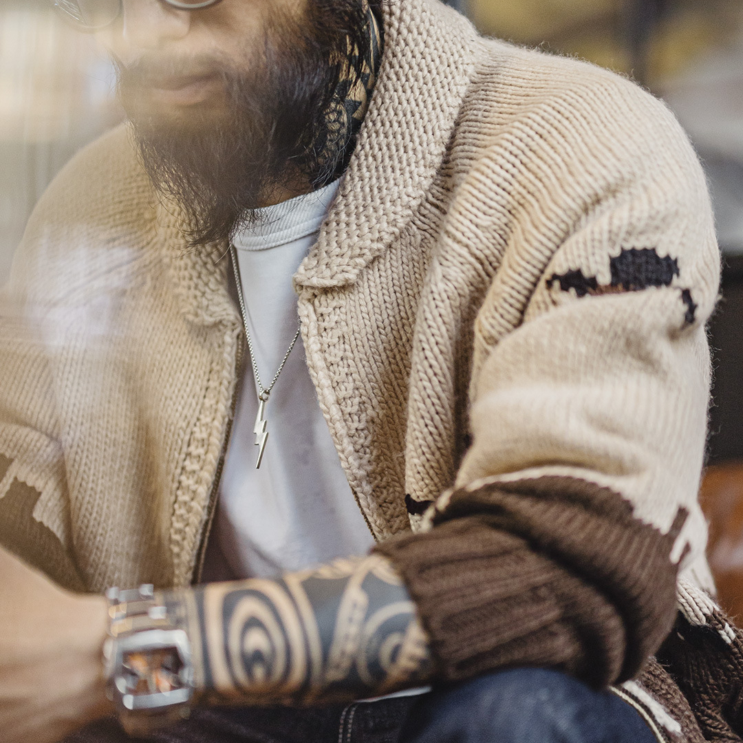 美式復古刺繡青果領毛衣卡其色開衫老錢風毛衫外套男秋冬