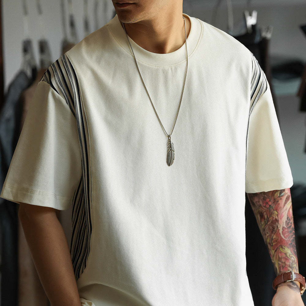 美式休閒提花條紋拼接短袖T恤男寬鬆200g凉感圓領打底衫