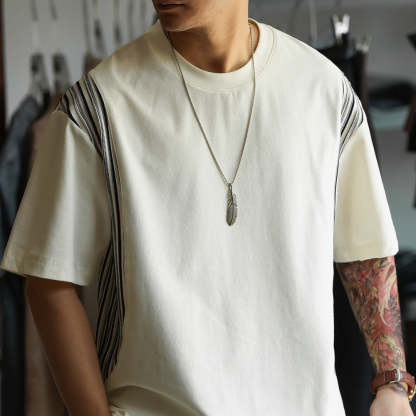 美式休閒提花條紋拼接短袖T恤男寬鬆200g凉感圓領打底衫