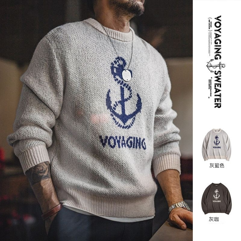 美式復古針織船錨提花毛衣vintage套頭圓領打底衫男秋冬-Retro's Wear