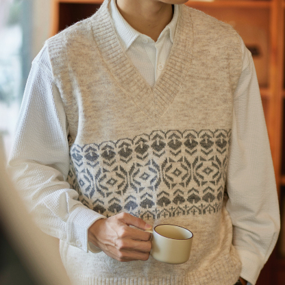 費爾島提花羊毛混紡毛衣背心男2025秋冬新款民族風加厚V領針織衫