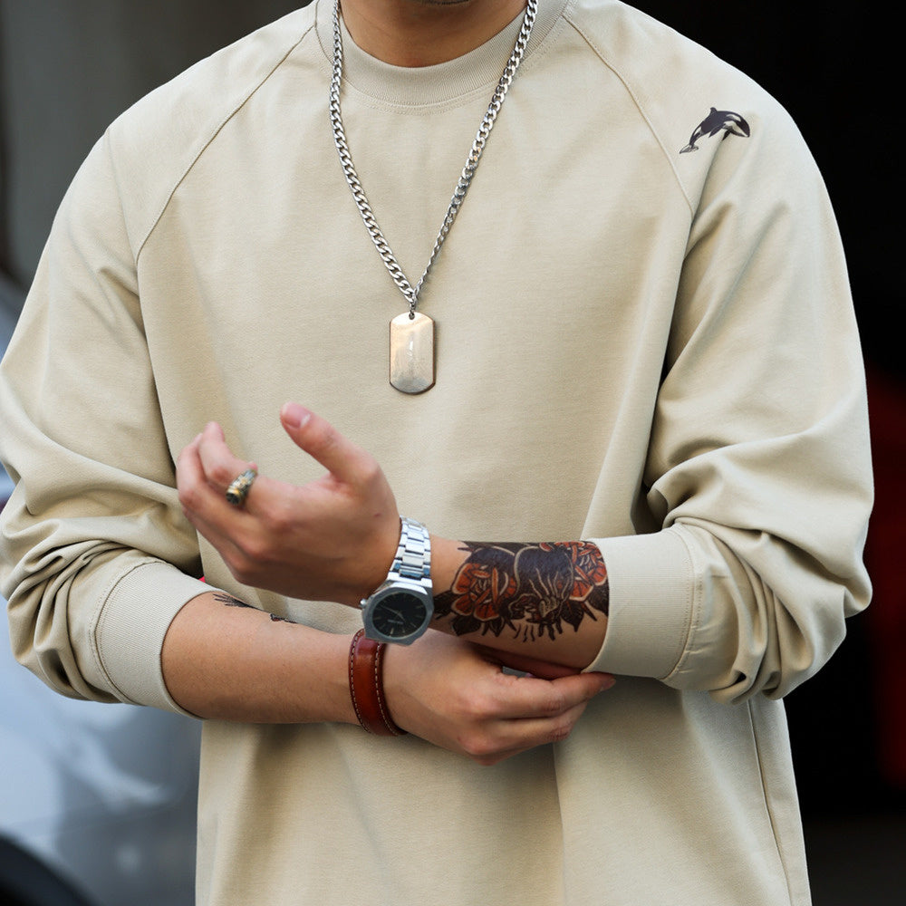 美式休閒300g重磅插肩長袖T恤男鯨魚印花三本針純棉TEE