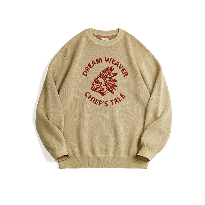 美式復古仿亞麻字母撞色毛衣阿美哢嘰套頭圓領針織衫男秋-Retro's Wear