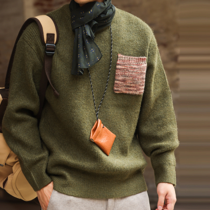 重磅仿牛絨圓領毛衣男編織肌理撞色口袋慵懶風毛線衣冬