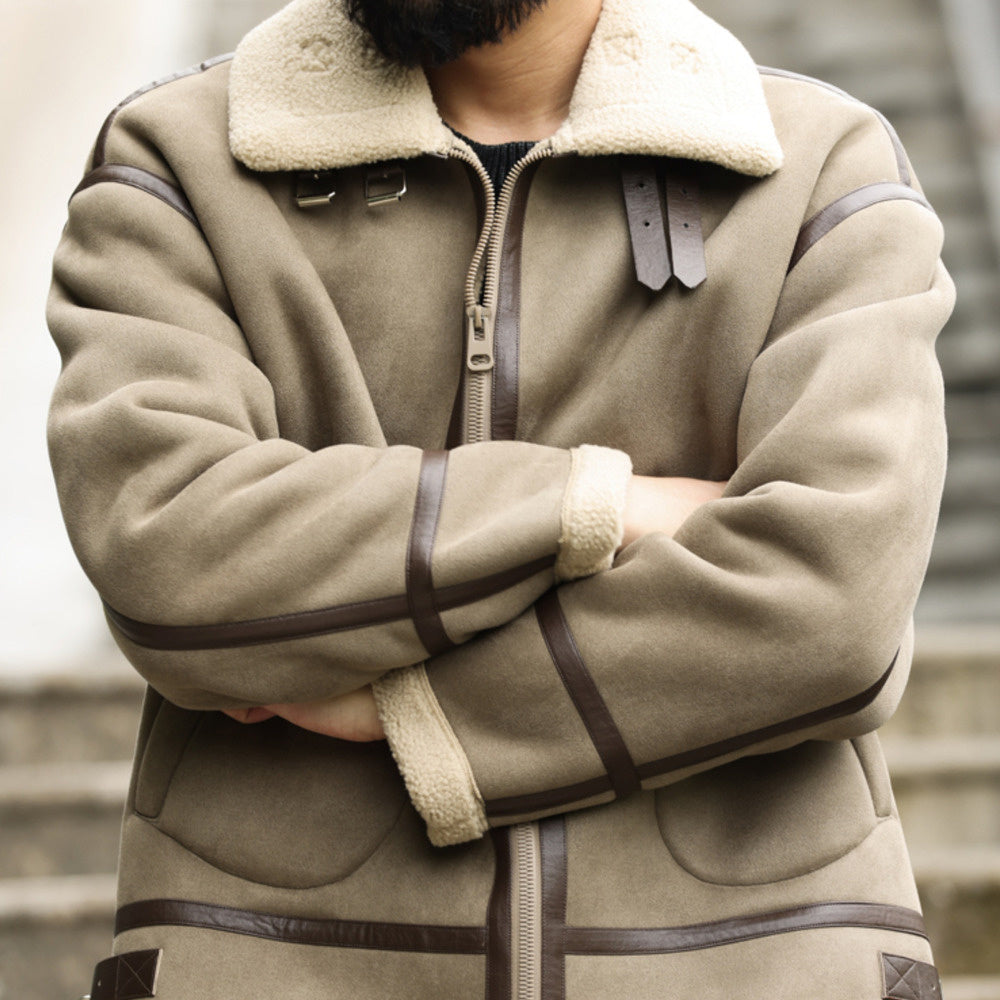 美式復古拼接麂皮絨棉衣外套男加厚保暖羊羔絨機車夾克