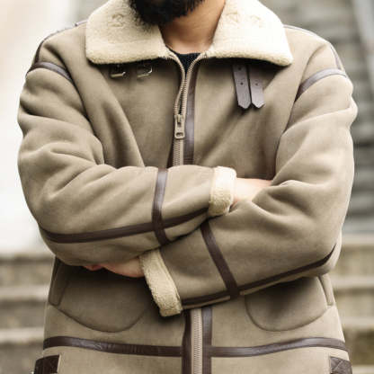 美式復古拼接麂皮絨棉衣外套男加厚保暖羊羔絨機車夾克