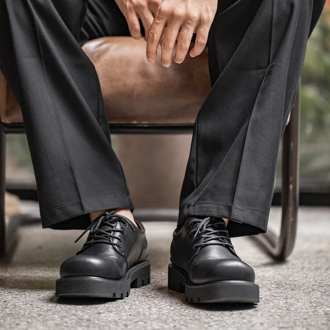 德比鞋男厚底增高黑色圓頭英倫風高級感大頭休閒低幫馬丁皮鞋