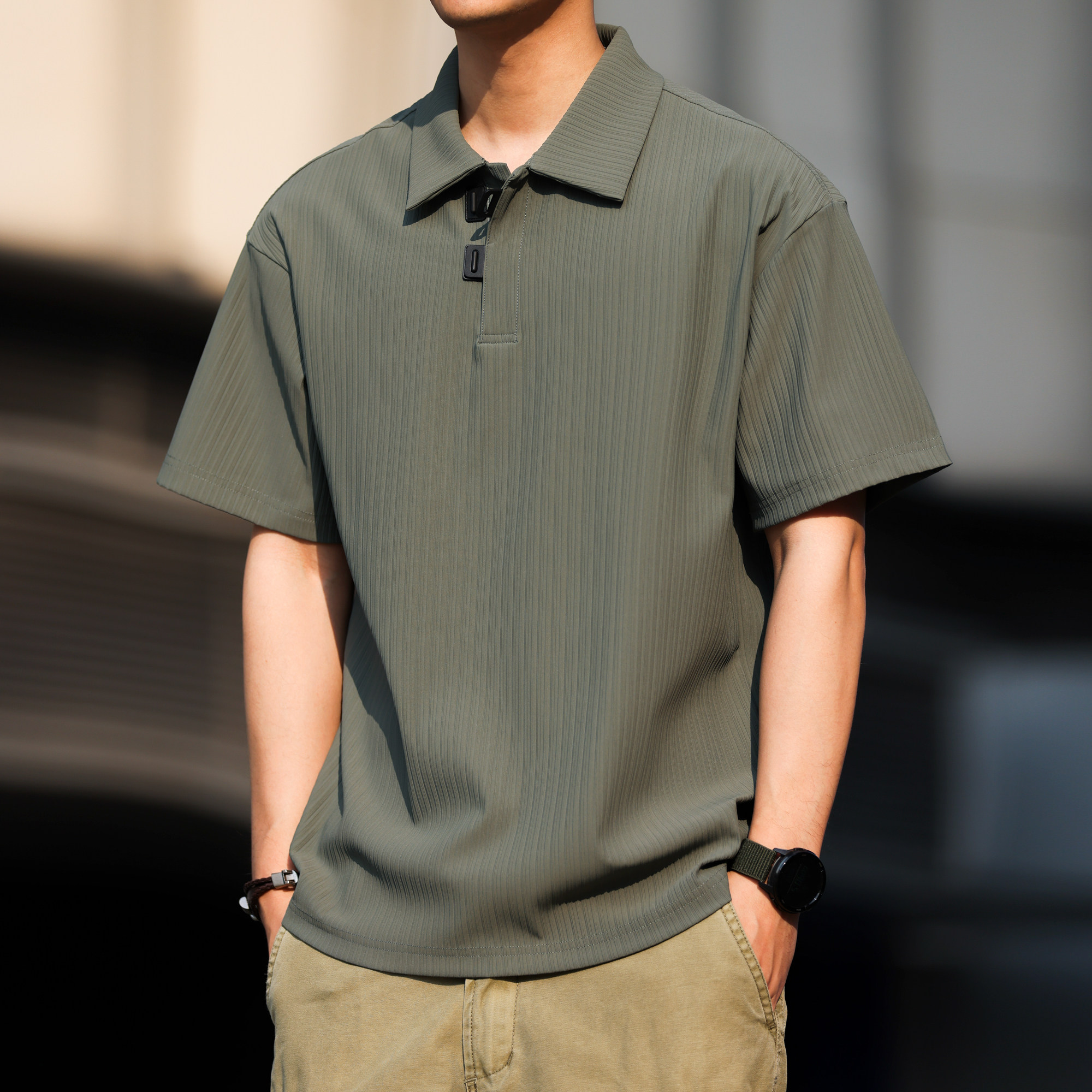 美式休閒凉感速幹POLO衫男寬鬆抗皺豎紋肌理翻領短袖T恤