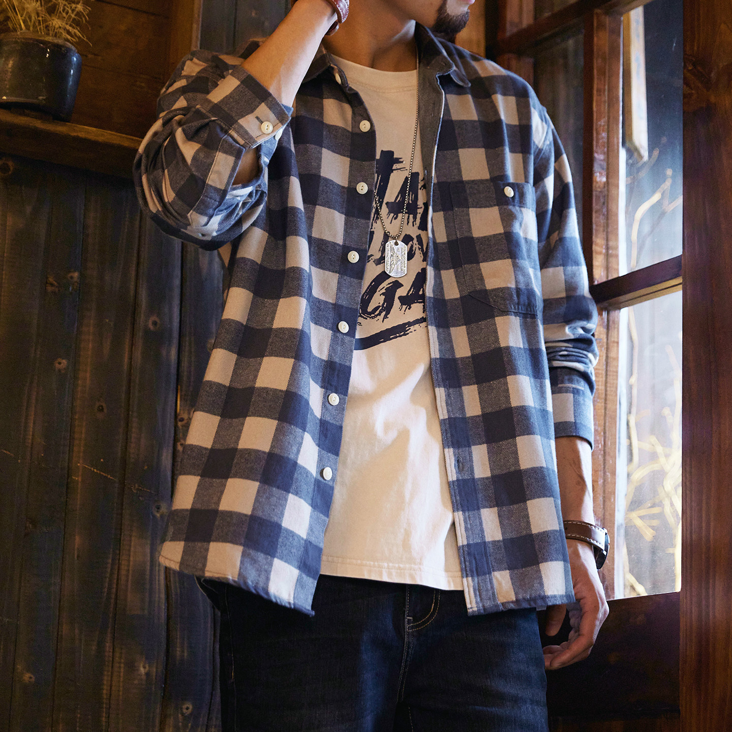 8盎司萊賽爾藍色格子襯衫男2025秋季新款美式鬆弛感長袖襯衣外套