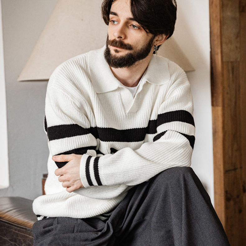 MRA海鷗領polo毛衣條紋套頭V領內搭加絨加厚翻領針織衫潮男冬