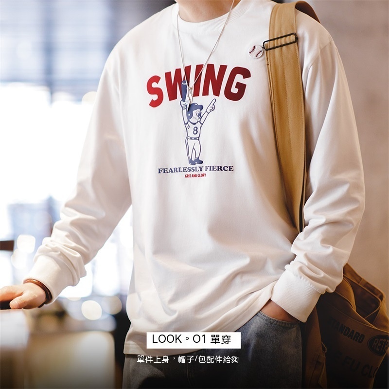 美式復古字母棒球印花長袖T恤圓領內搭純棉打底衫男春季-Retro's Wear