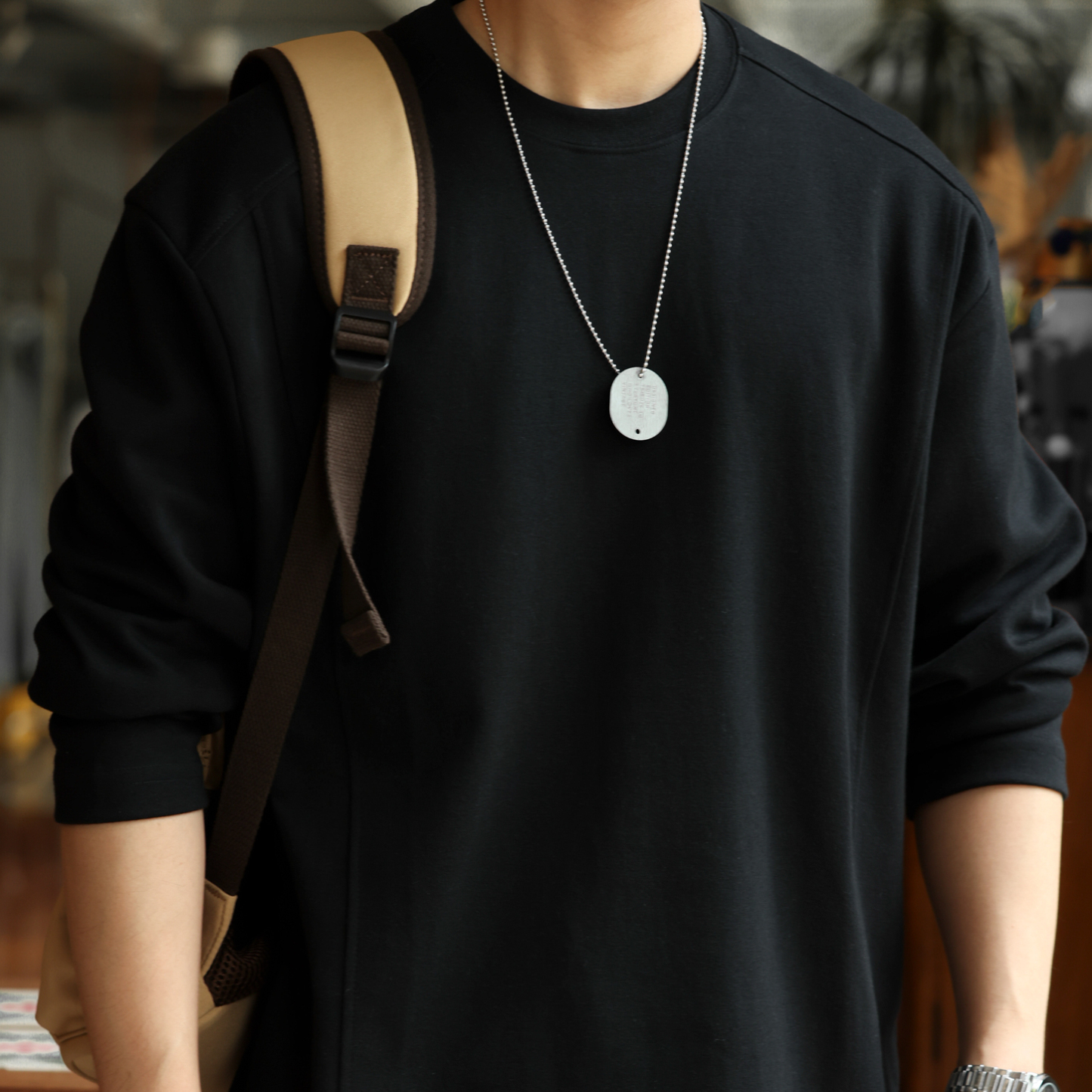 美式休閒280g拼接款長袖T恤男馬鞍肩設計cleanfit打底衫