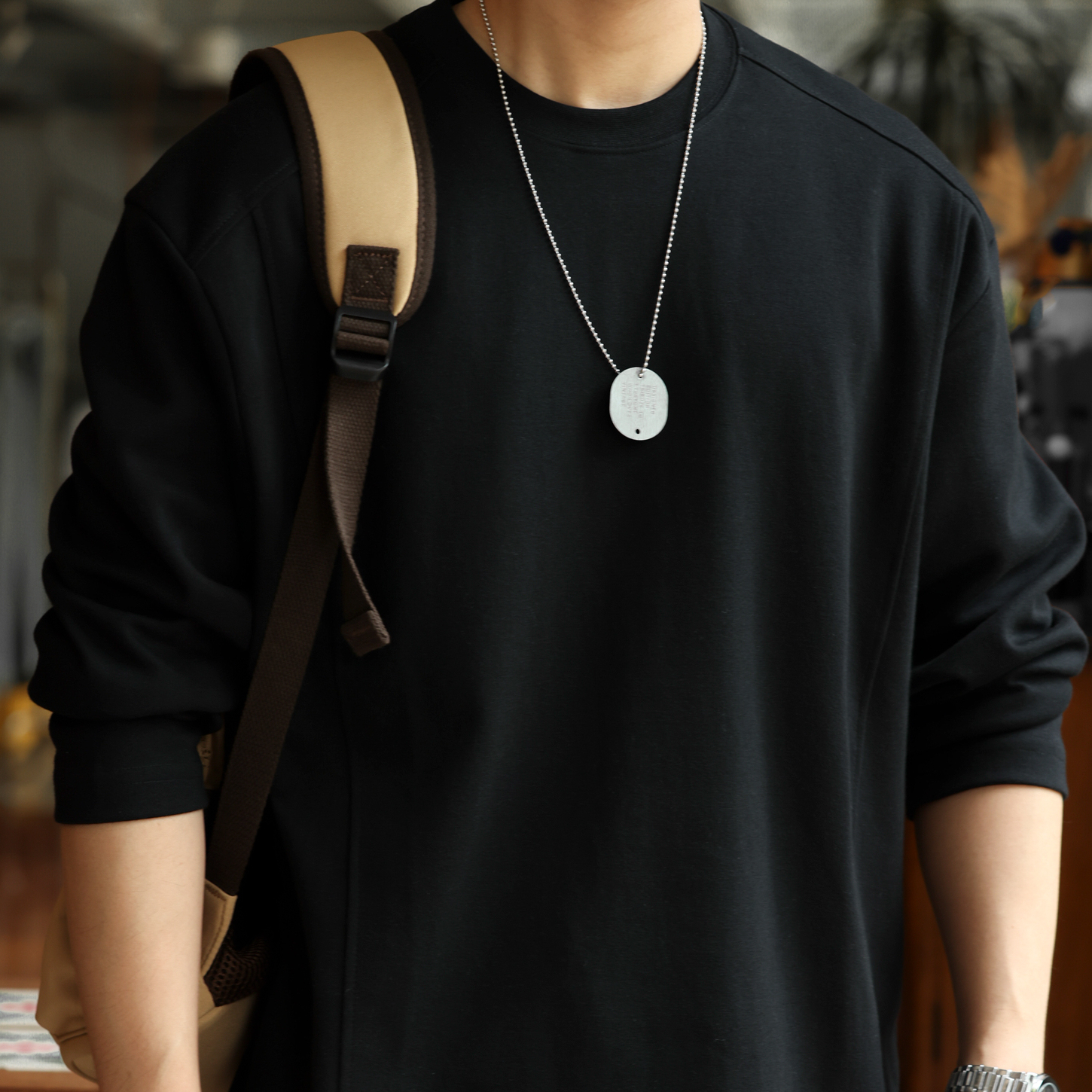 美式休閒280g拼接款長袖T恤男馬鞍肩設計cleanfit打底衫