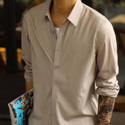 抗皺免燙莫代爾長袖襯衫男美式休閒通勤外搭襯衣打底衫