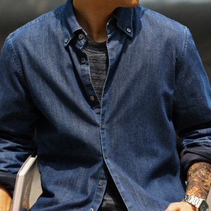 美式紐扣領復古原牛色長袖外搭襯衣外套男