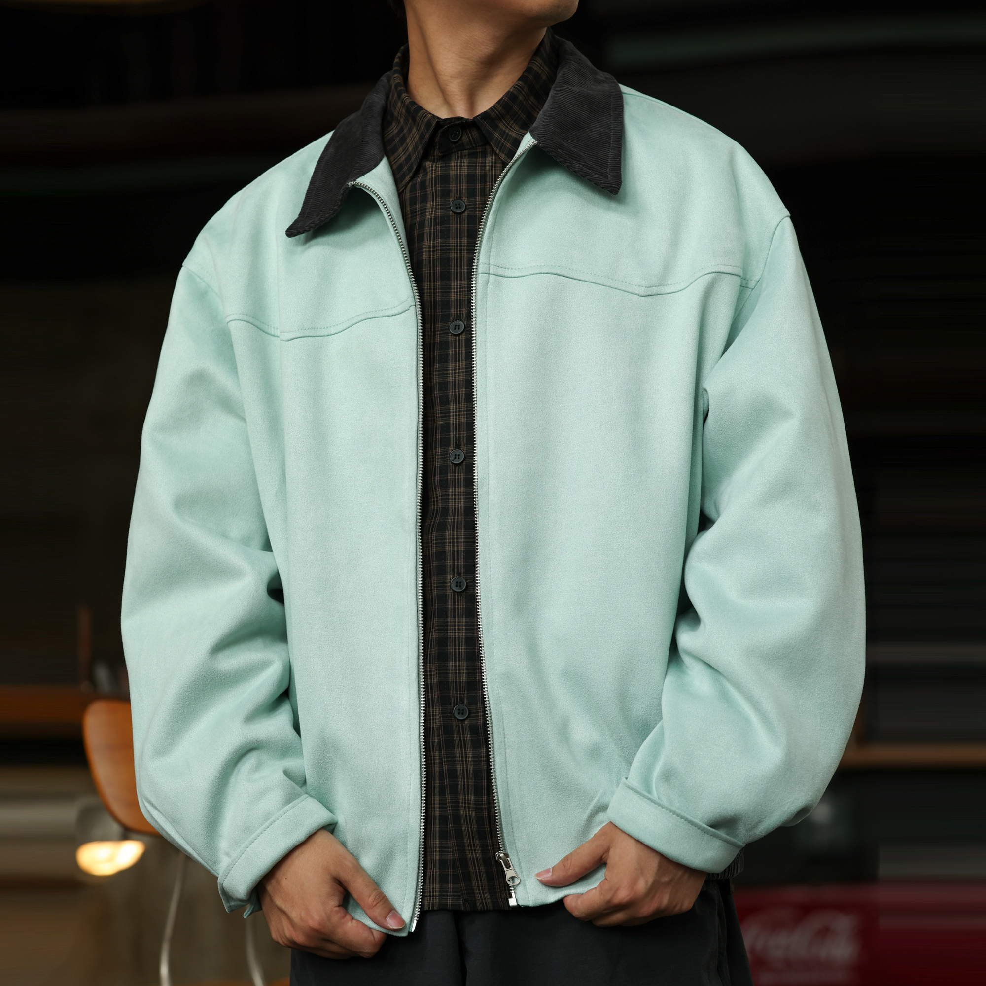 天青色磨毛麂皮絨夾克男寬鬆短版巴恩風撞色翻領外套秋