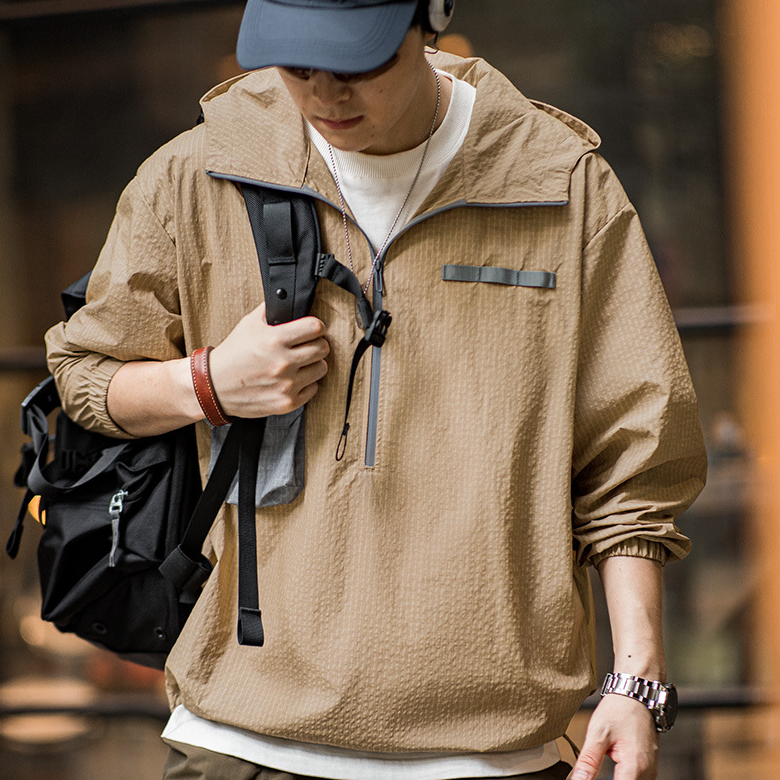山系戶外半拉鍊套頭衛衣夾克寬鬆撞色薄款連帽衫外套男秋-Retro's Wear