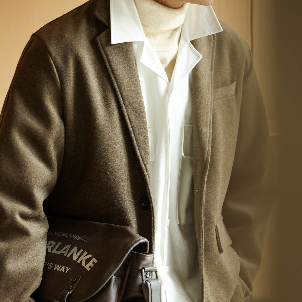 法式720g重磅羊毛混紡休閒西服男平駁領毛呢西裝外套冬