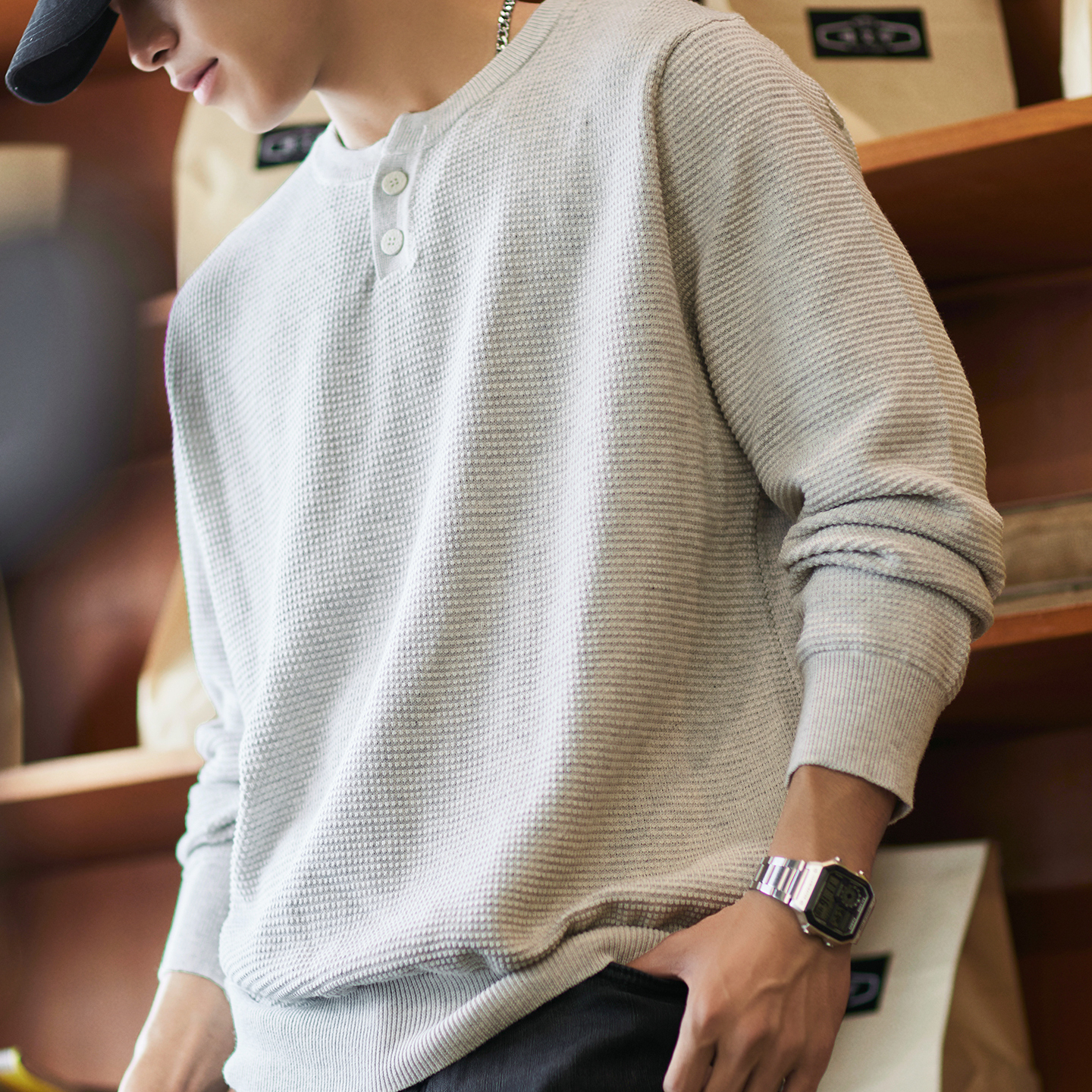 新疆長絨棉亨利領毛衣男士2025冬季新款肌理感全棉通勤內搭針織衫