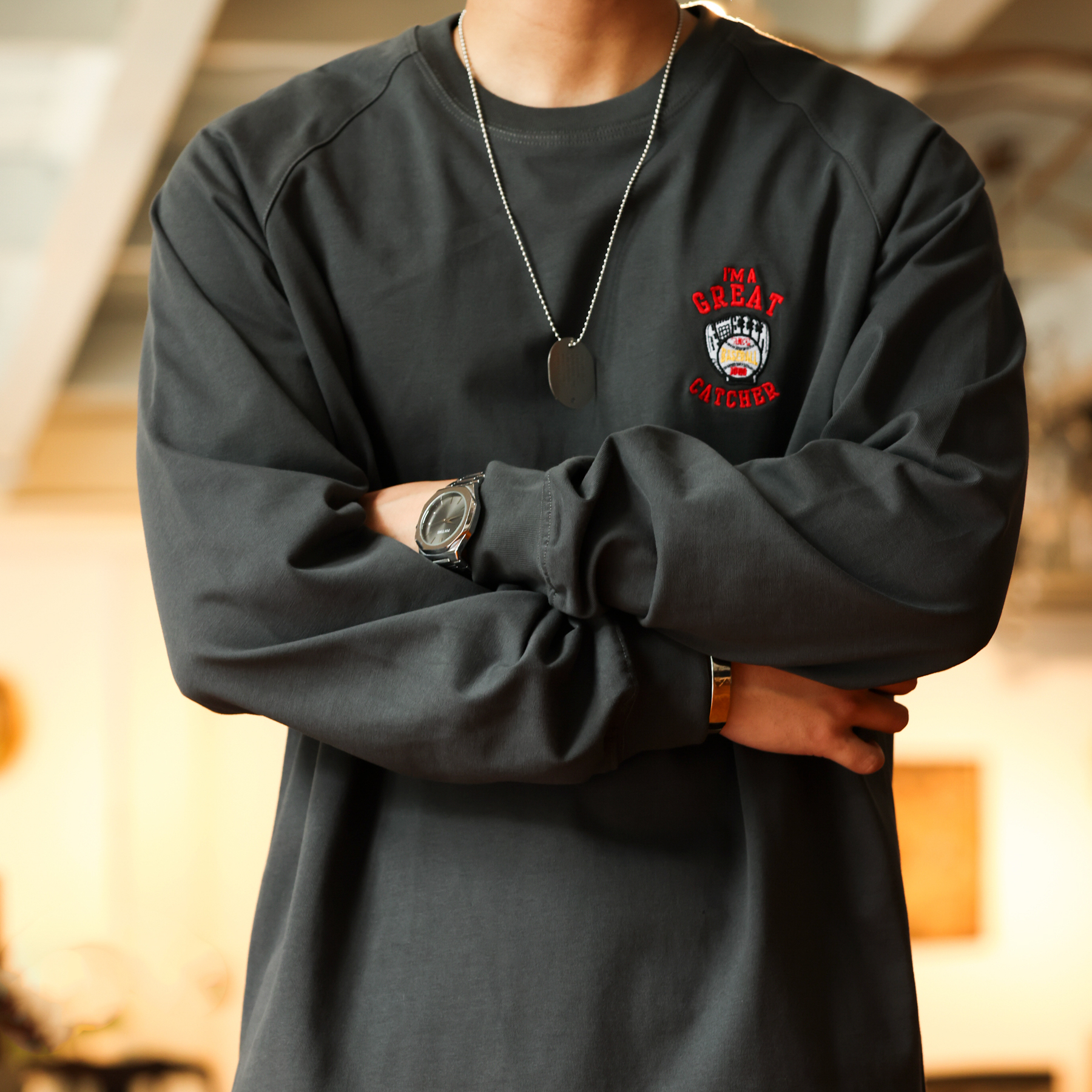 美式重磅300g刺繡長袖T恤男衣擺開衩插肩袖設計打底衫秋