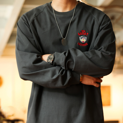 美式重磅300g刺繡長袖T恤男衣擺開衩插肩袖設計打底衫秋