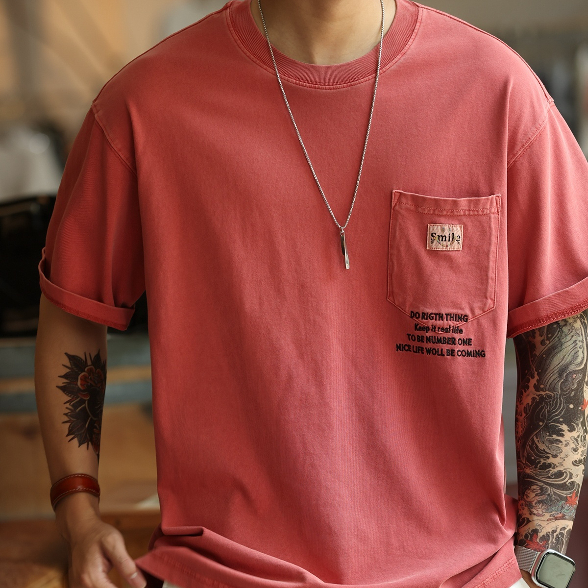 美式復古重磅水洗做舊T恤男260g純棉口袋刺繡短袖打底衫