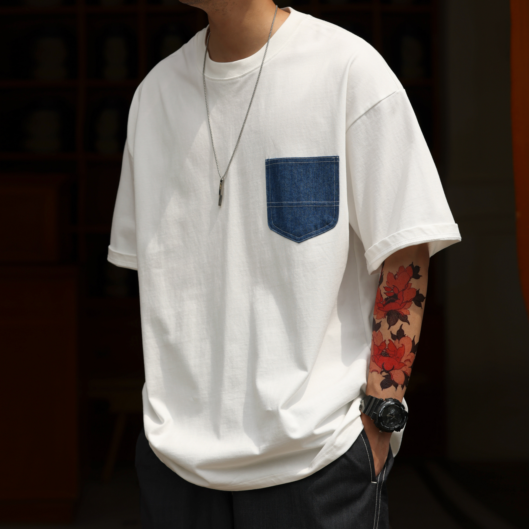 300g重磅精梳棉短袖T恤男美式休閒拼接牛仔口袋打底衫夏