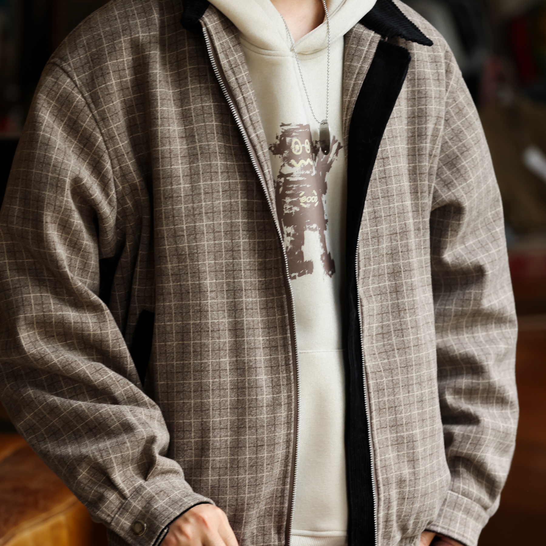 老錢風千鳥格撞色翻領夾克男美式復古哈靈頓工裝外套秋