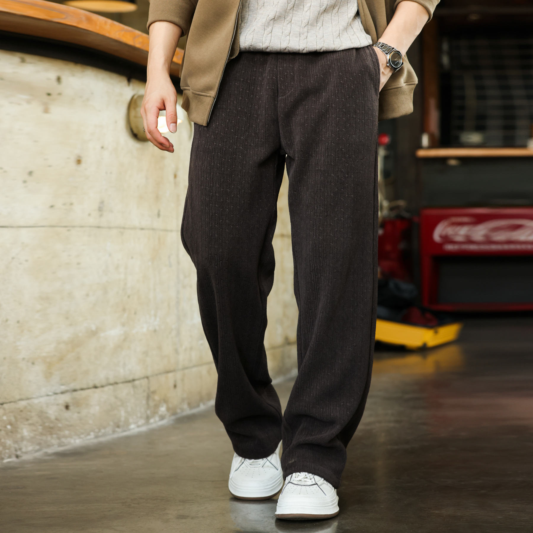 美式復古400g重磅毛呢衛褲男法工藍提花肌理針織休閒褲