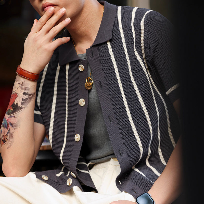 意式復古翻領條紋提花短袖針織衫男抗皺英倫開衫襯衣