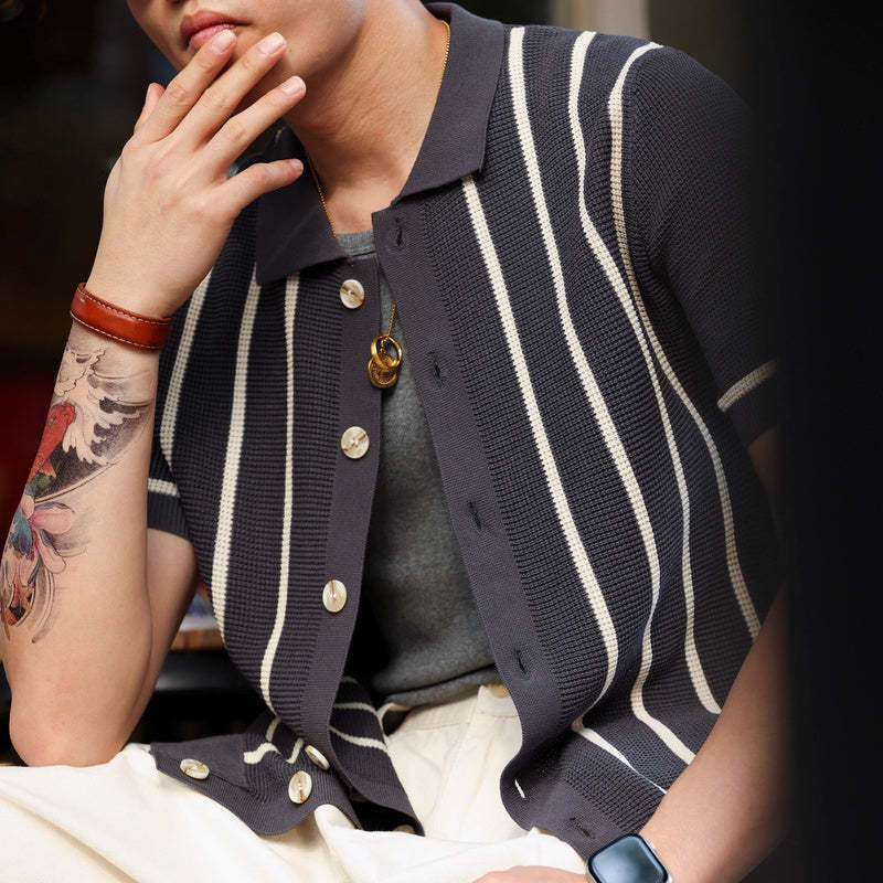 意式復古翻領條紋提花短袖針織衫男抗皺英倫開衫襯衣