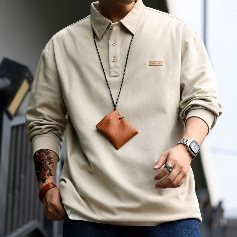 日系長袖POLO衫男秋季寬鬆簡約內搭高級感重磅針織翻領T恤-Retro's Wear