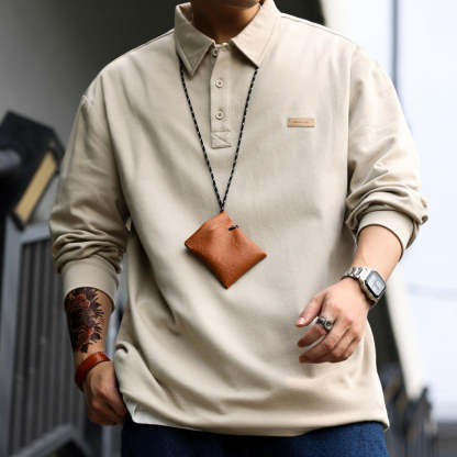 日系長袖POLO衫男秋季寬鬆簡約內搭高級感重磅針織翻領T恤-Retro's Wear