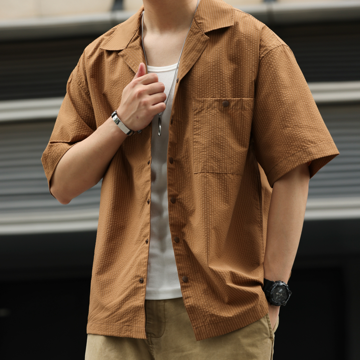 美式120g無氨四面彈格紋短袖襯衫男凉感速幹透氣襯衣夏