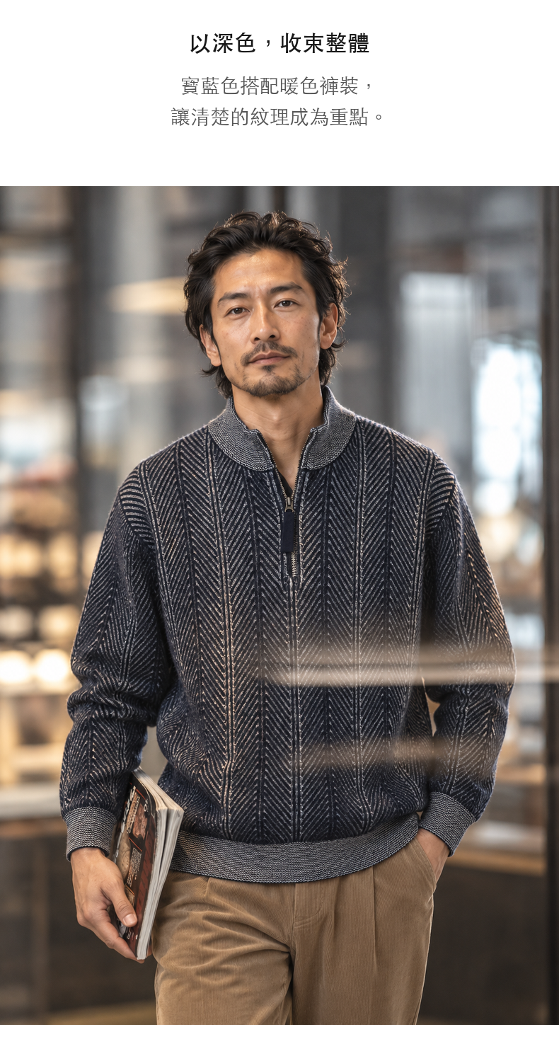 人字紋半拉鍊立領針織長袖上衣 · 11-S08