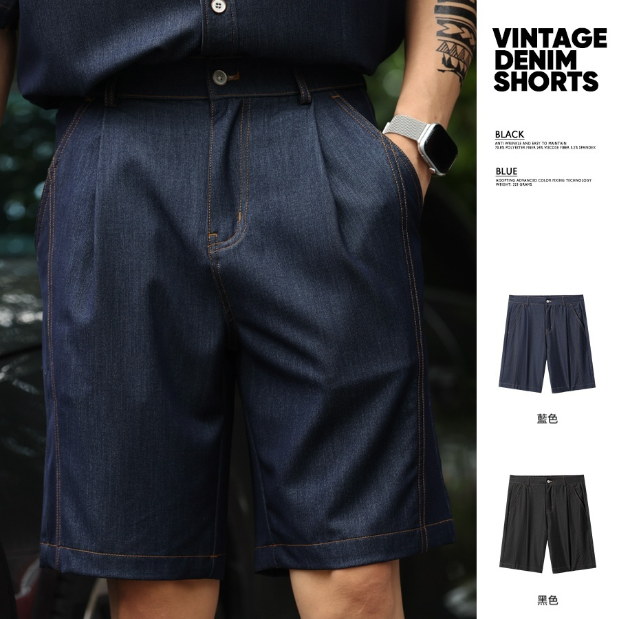 美式復古丹寧牛仔短褲男抗皺易打理冰氧休閒薄款五分褲