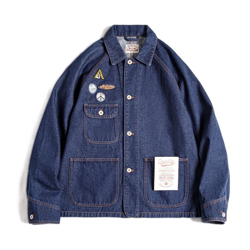 美式復古刺繡徽章牛仔夾克重磅水洗翻領休閒外套男秋冬季-Retro's Wear
