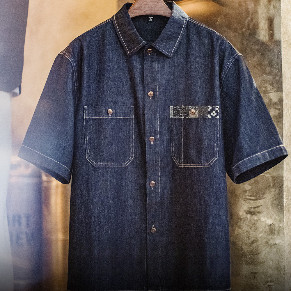 美式復古boro丹寧回潮牛仔襯衣日系藍染翻領襯衫外套男