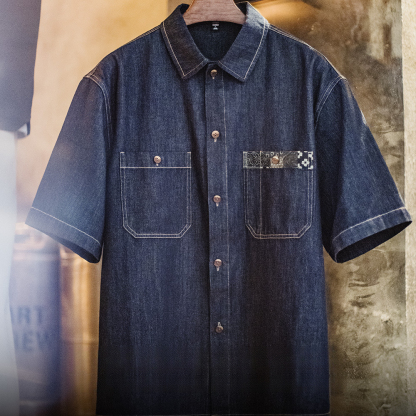 美式復古boro丹寧回潮牛仔襯衣日系藍染翻領襯衫外套男