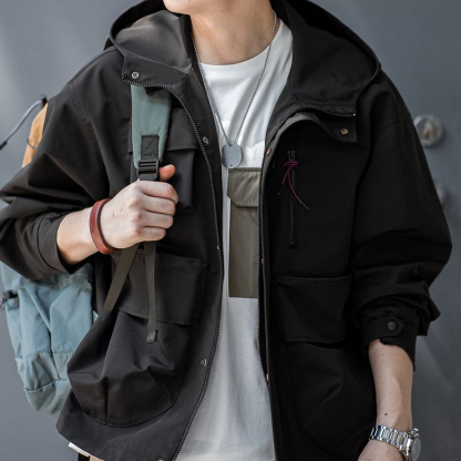 美式休閒多口袋機能連帽夾克戶外寬鬆廓形運動外套男秋季-Retro's Wear