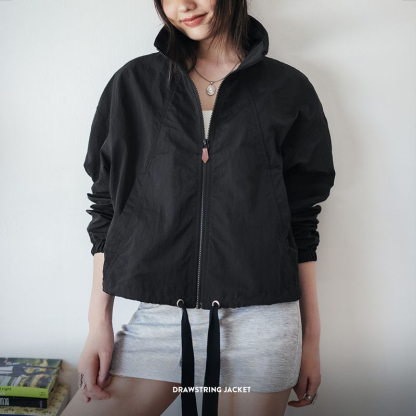 美式復古抽繩夾克翻領可收腰工裝外套小個子寬鬆上衣春秋季女