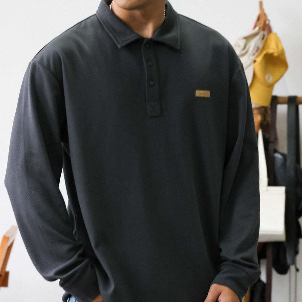 日系長袖POLO衫男秋季寬鬆簡約內搭高級感重磅針織翻領T恤-Retro's Wear