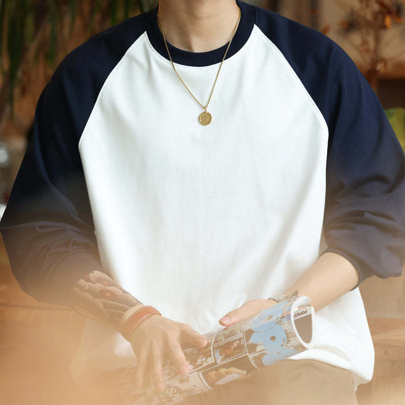 重磅純棉300g日系撞色插肩長袖T恤男寬鬆基礎版復古打底衫秋-Retro's Wear