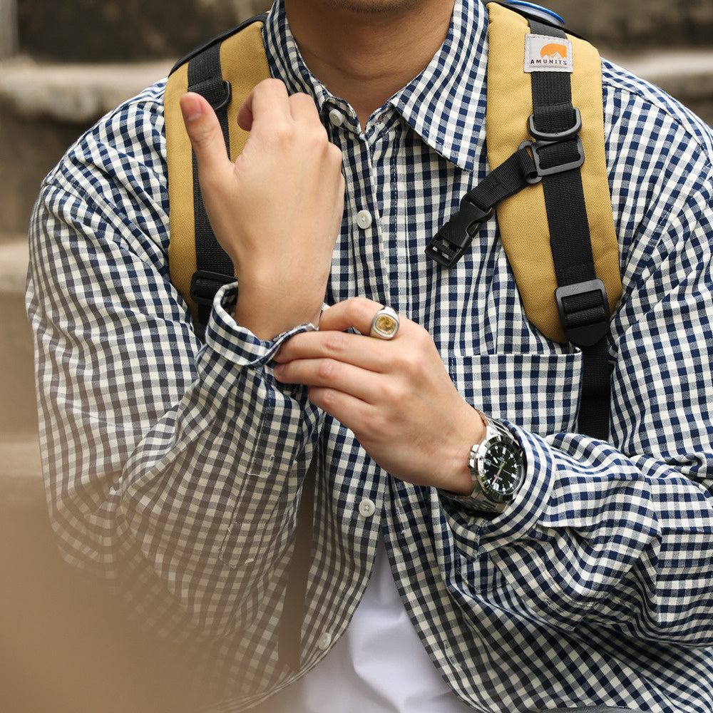 美式休閒175g薄款格子襯衫男寬鬆牛津紡復古長袖疊穿襯衣