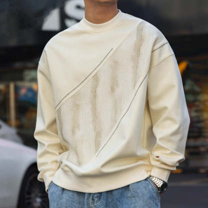 美式輕奢休閒感拼接圓領衛衣男340g撞色明線套頭針織衫