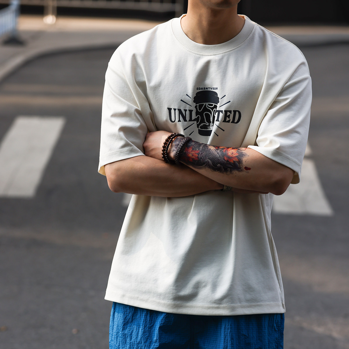 美式休閒200g輕量感抗皺印花T恤男士夏季親膚速幹打底衫