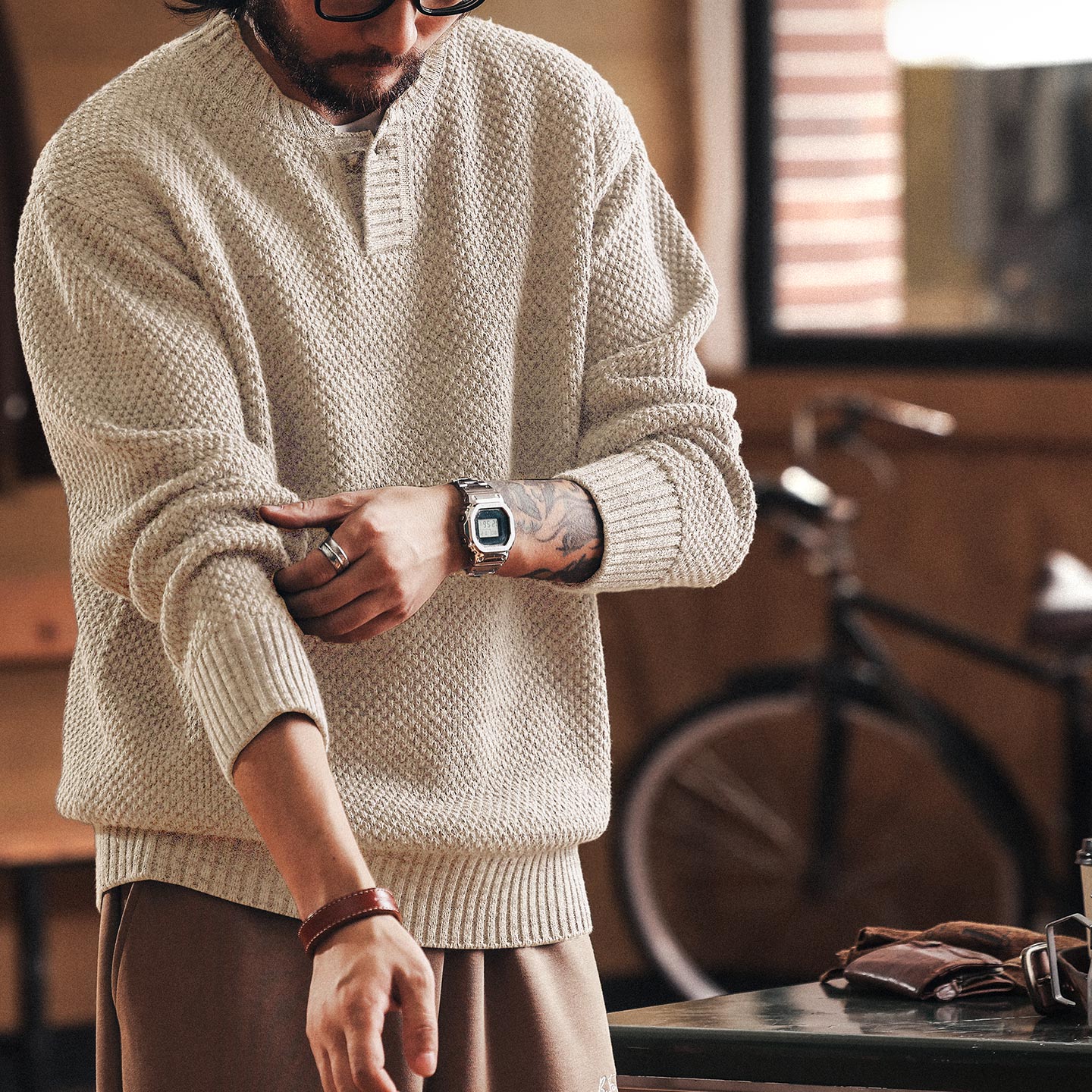 美式重磅亨利領粗針毛衣男秋冬款老錢楓加厚保暖硬漢針織衫