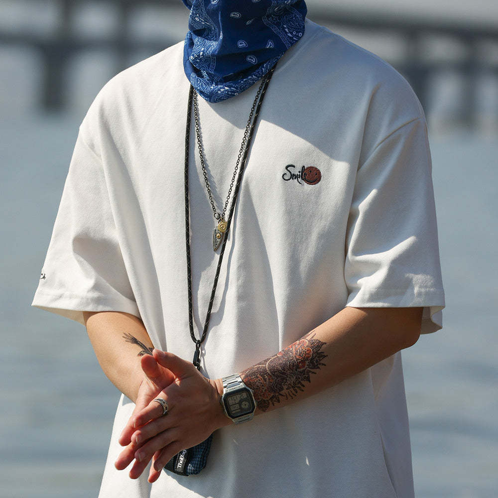 美式休閒230g斜紋雙面棉短袖T恤男笑臉刺繡圓領打底衫