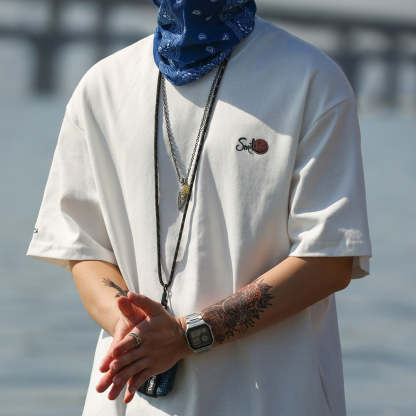 美式休閒230g斜紋雙面棉短袖T恤男笑臉刺繡圓領打底衫